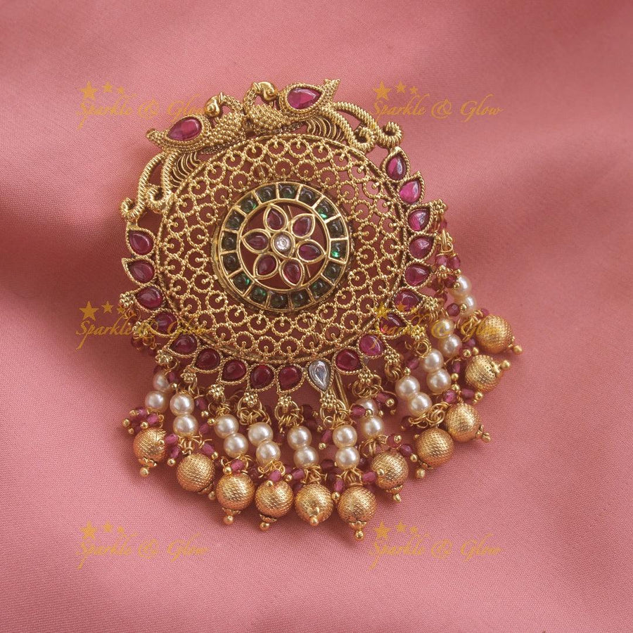 Sparkling Kemp Peacock Mango carved hair pin with gold pearl beads-Multi - Sparkle and Glow