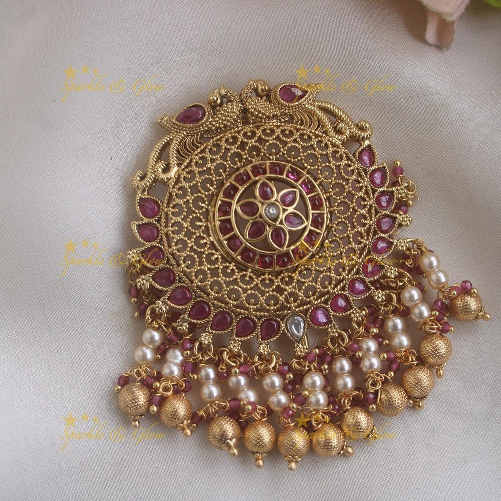 Sparkling Kemp Peacock Mango carved hair pin with gold pearl beads-Multi - Sparkle and Glow