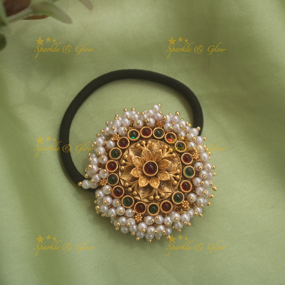 Beautiful Floral design Cluster pearl hair band with red and green stones