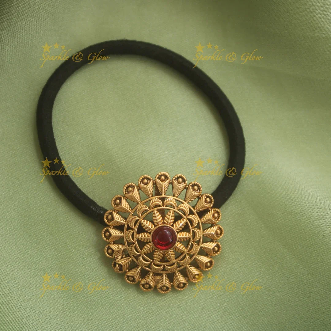 Gold alike floral design hair band with red stone - Sparkle and Glow