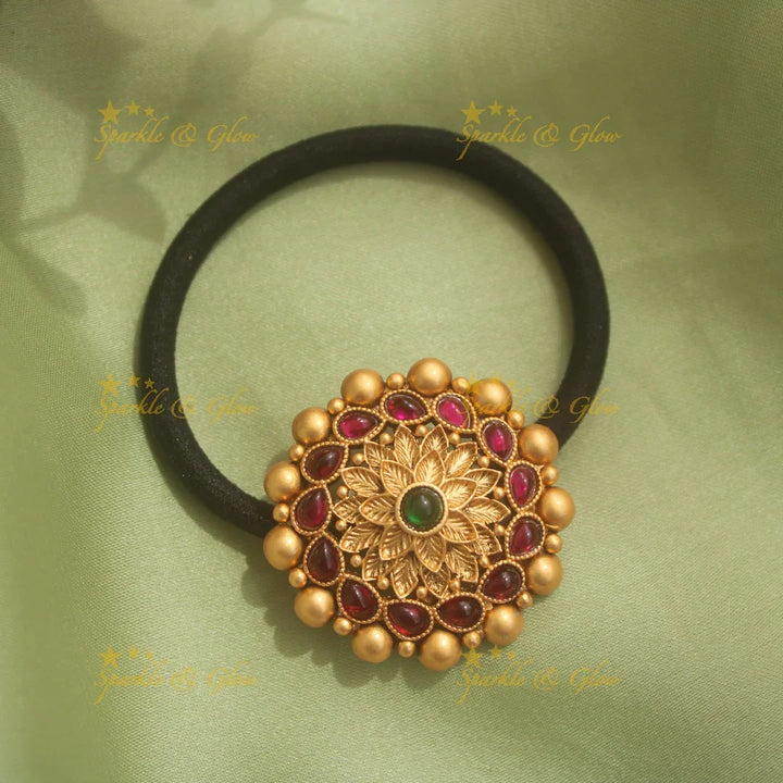 Gold alike floral design hair band with red stones and gold beads - Sparkle and Glow