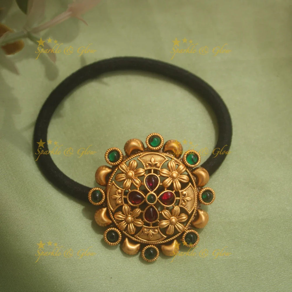 Elegant gold alike floral hair band with green and red stones - Sparkle and Glow