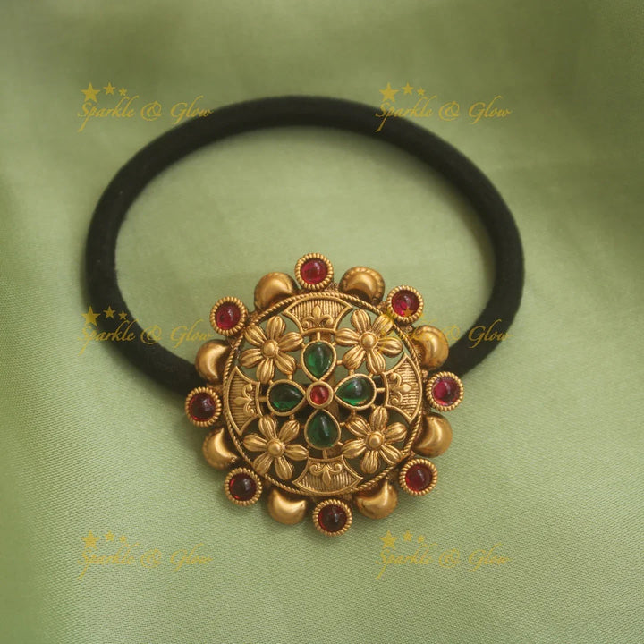 Elegant gold alike floral hair band with green and red stones - Sparkle and Glow