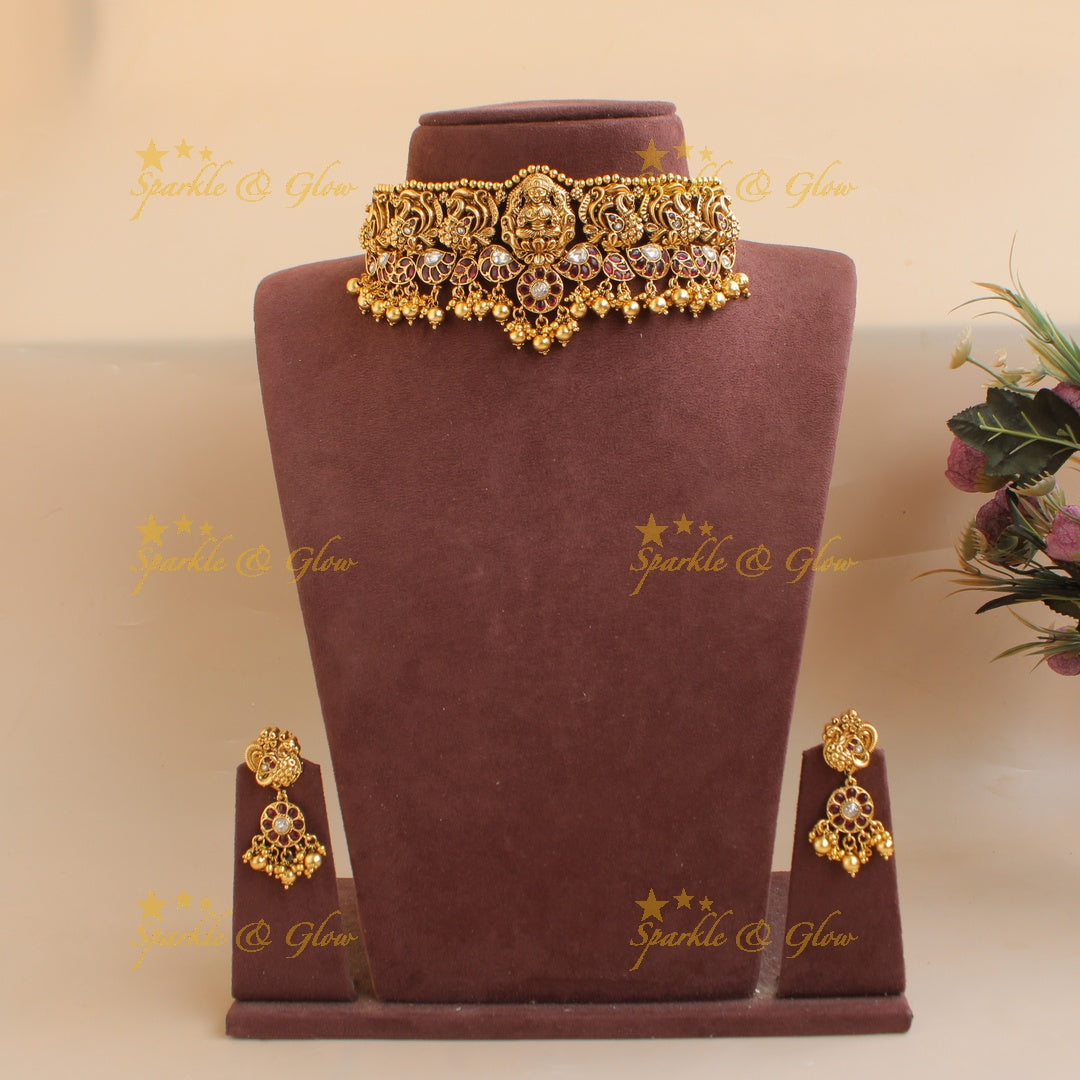 Stunning gold alike Lakshmi choker with green beads