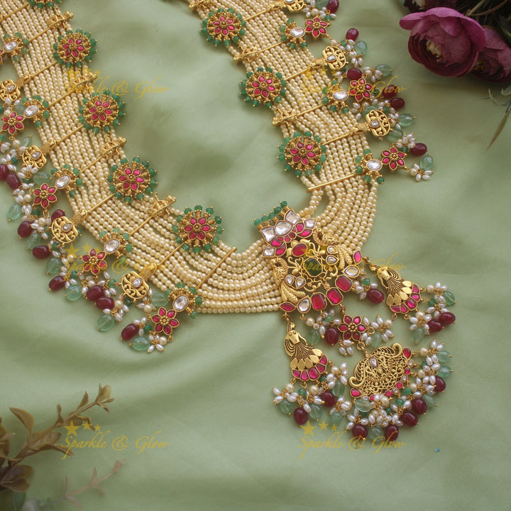 Grand intricate Peacock floral design jadau Rani haram with multi layer pearl chain