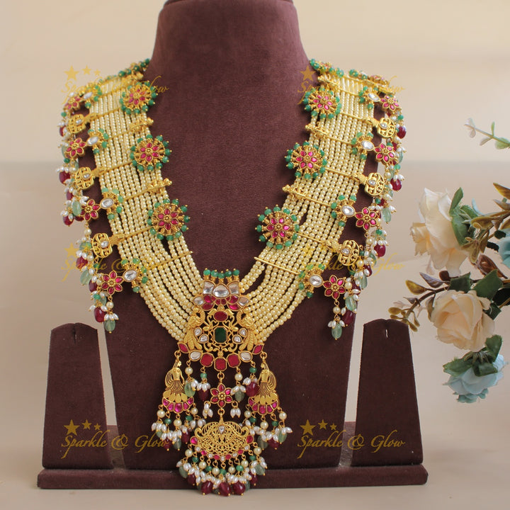 Grand intricate Peacock floral design jadau Rani haram with multi layer pearl chain