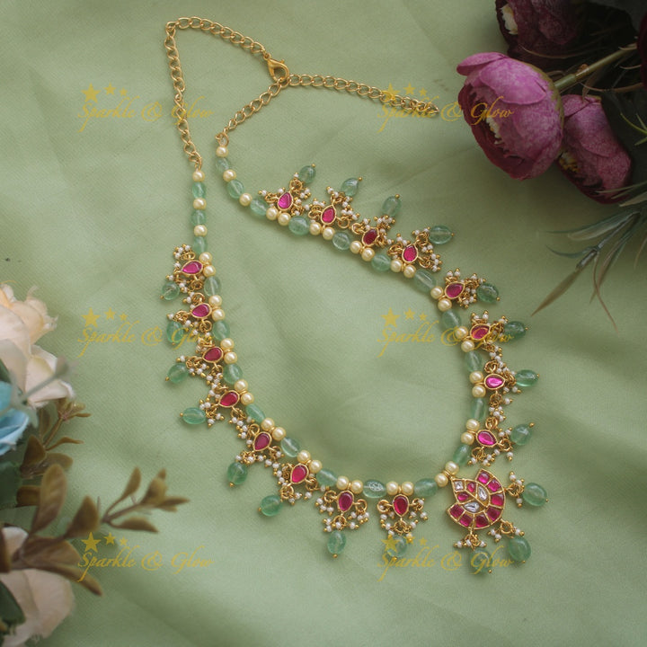Elegant Moon leaf design jadau short necklace with pearls and mint green beads