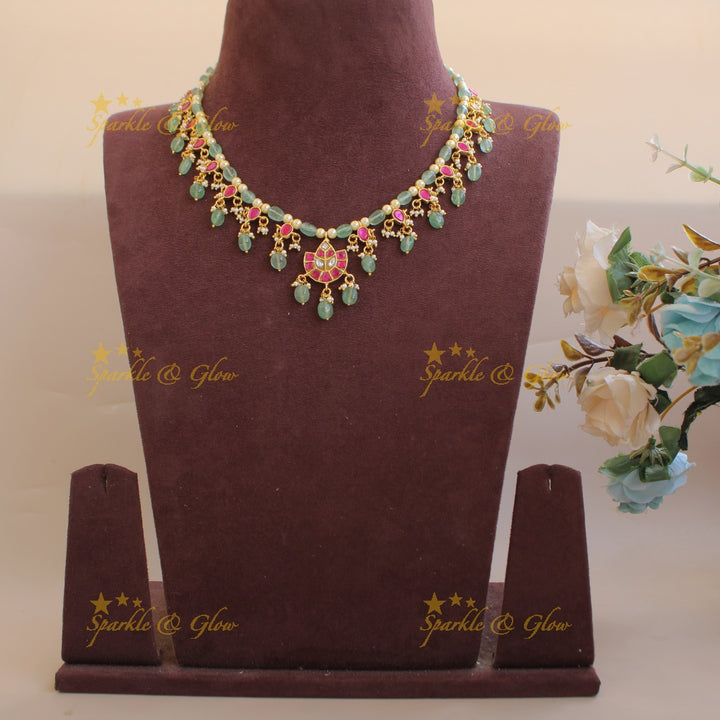 Elegant Moon leaf design jadau short necklace with pearls and mint green beads