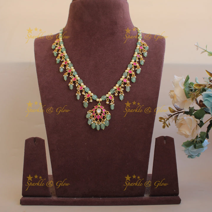 Beautiful Floral design jadau short necklace with pearls and mint green beads