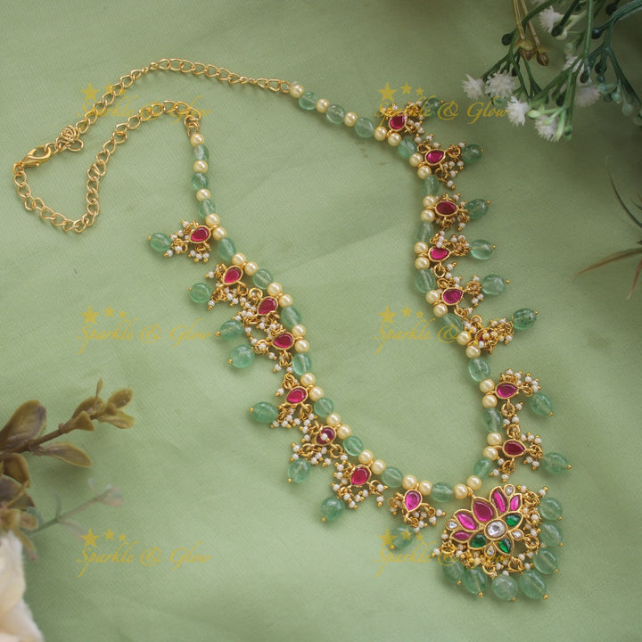 Statement Lotus design jadau short necklace with pearls and mint green beads