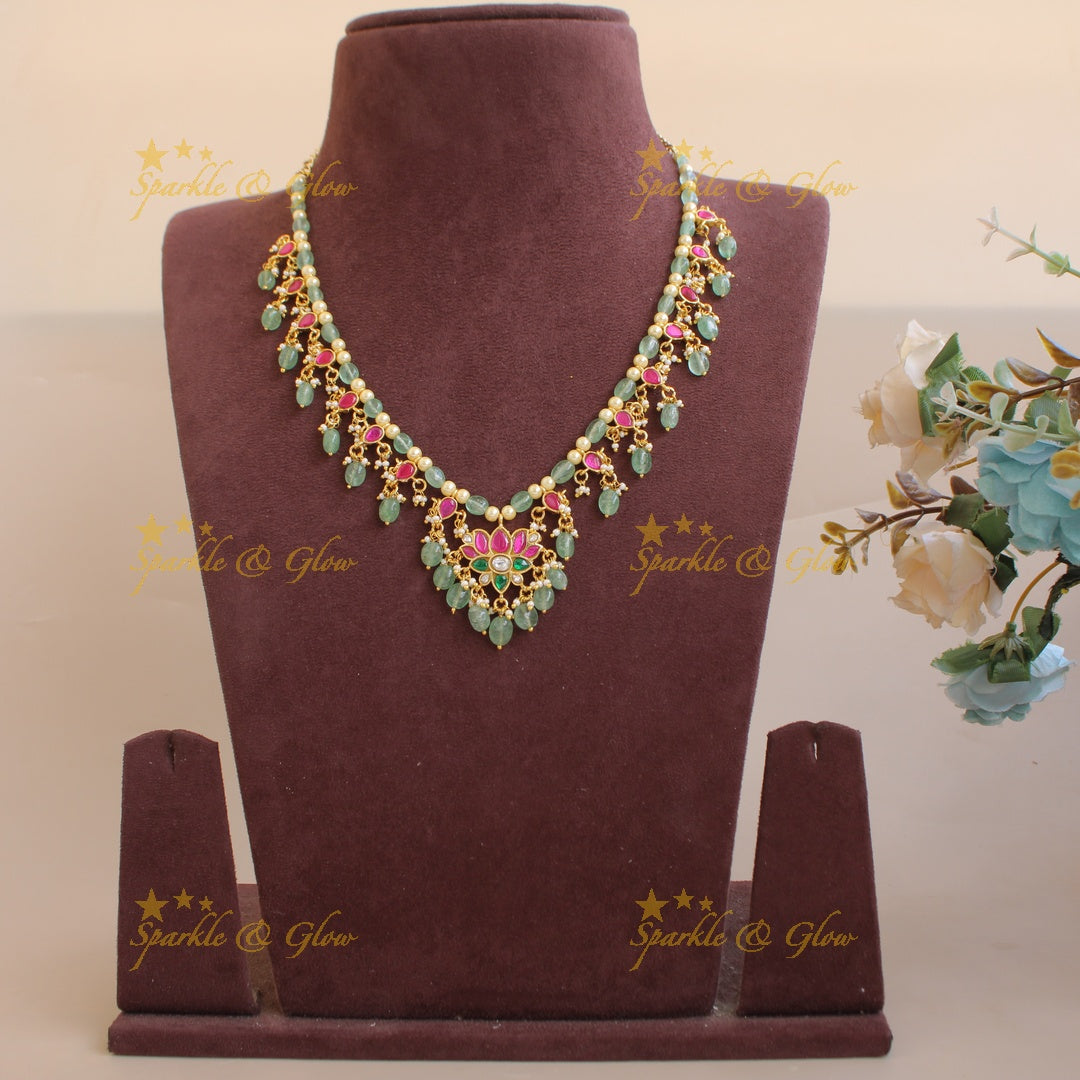 Statement Lotus design jadau short necklace with pearls and mint green beads