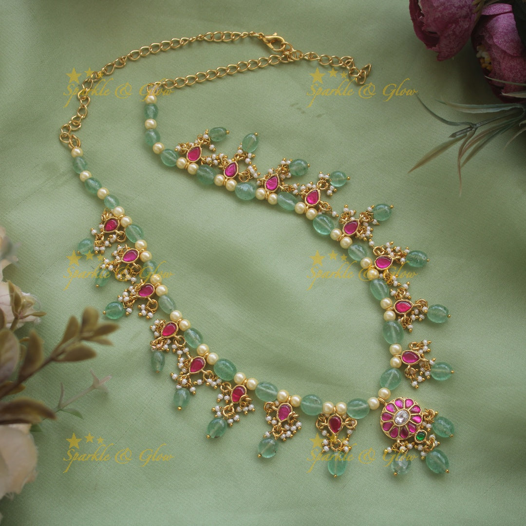 Floral design jadau short necklace with pearls and mint green beads