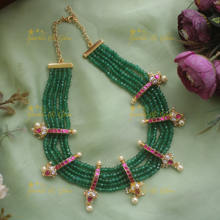 Gorgeous Leaf design jadau short necklace with multi layer green beads and pearl drops