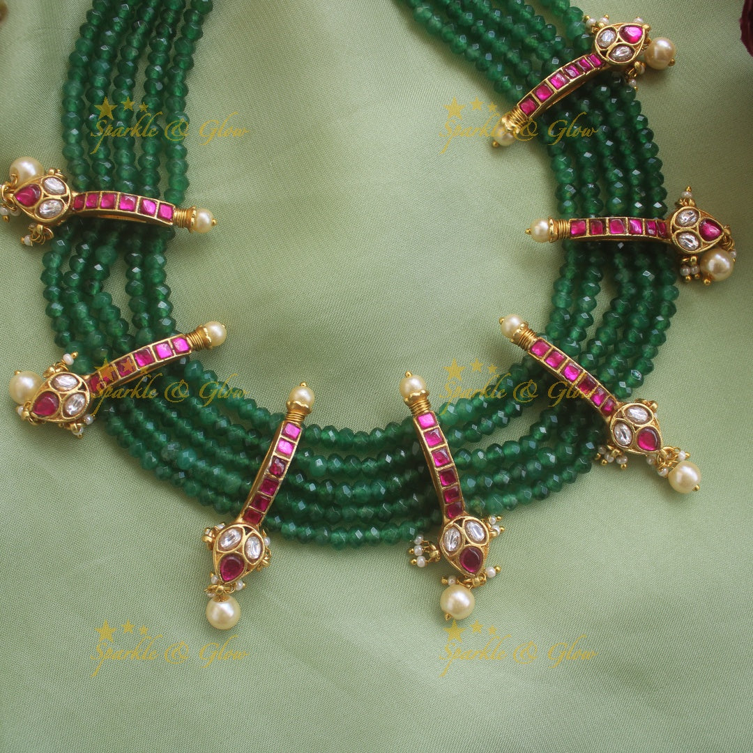 Gorgeous Leaf design jadau short necklace with multi layer green beads and pearl drops