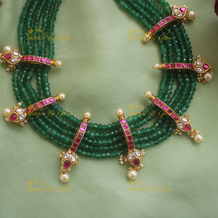 Gorgeous Leaf design jadau short necklace with multi layer green beads and pearl drops