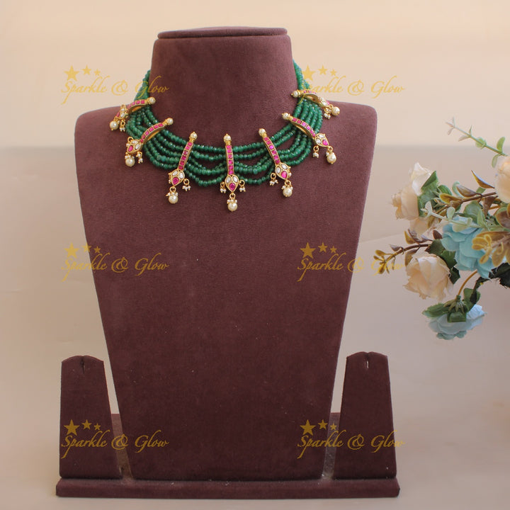 Gorgeous Leaf design jadau short necklace with multi layer green beads and pearl drops