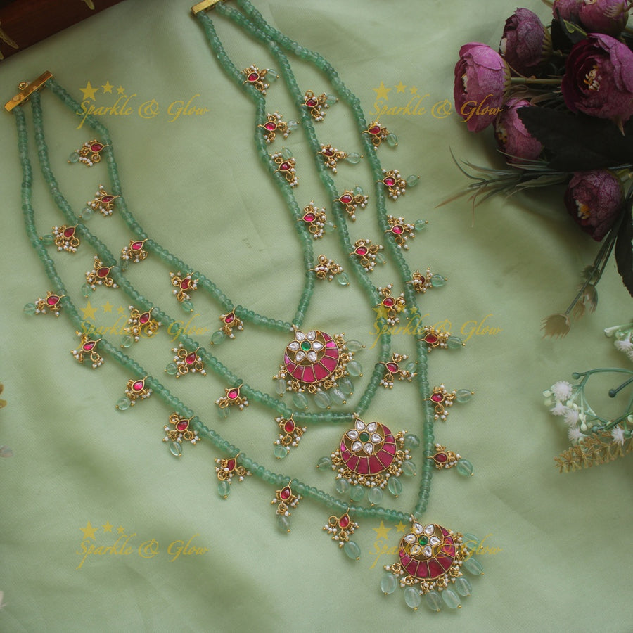 Grand Half moon floral design jadau Rani haram with multi layer mint green beads chain - Sparkle and Glow