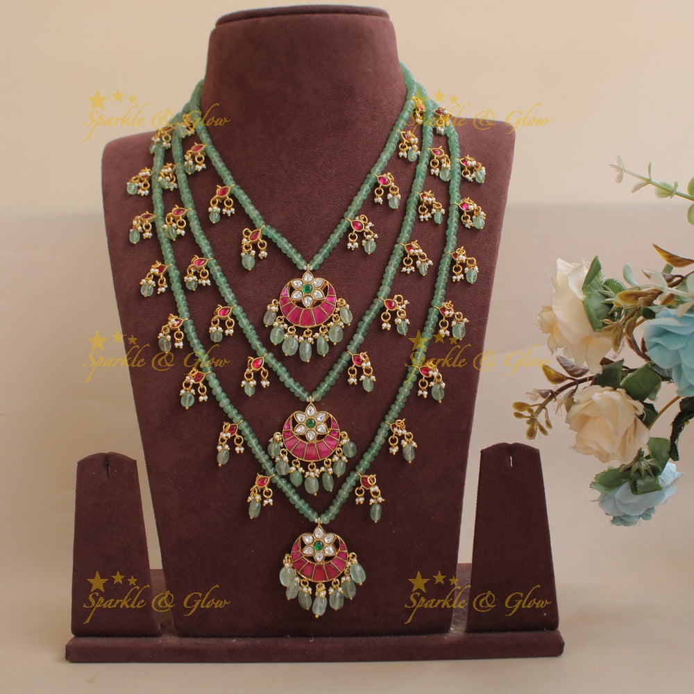 Grand Half moon floral design jadau Rani haram with multi layer mint green beads chain - Sparkle and Glow
