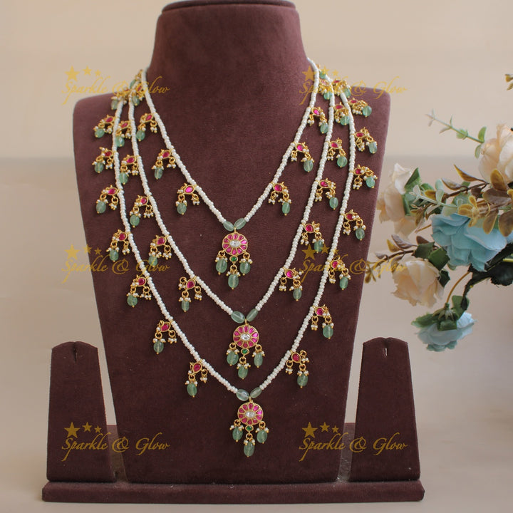 Beautiful Floral design jadau Rani haram with multi layer pearl chain and mint green beads