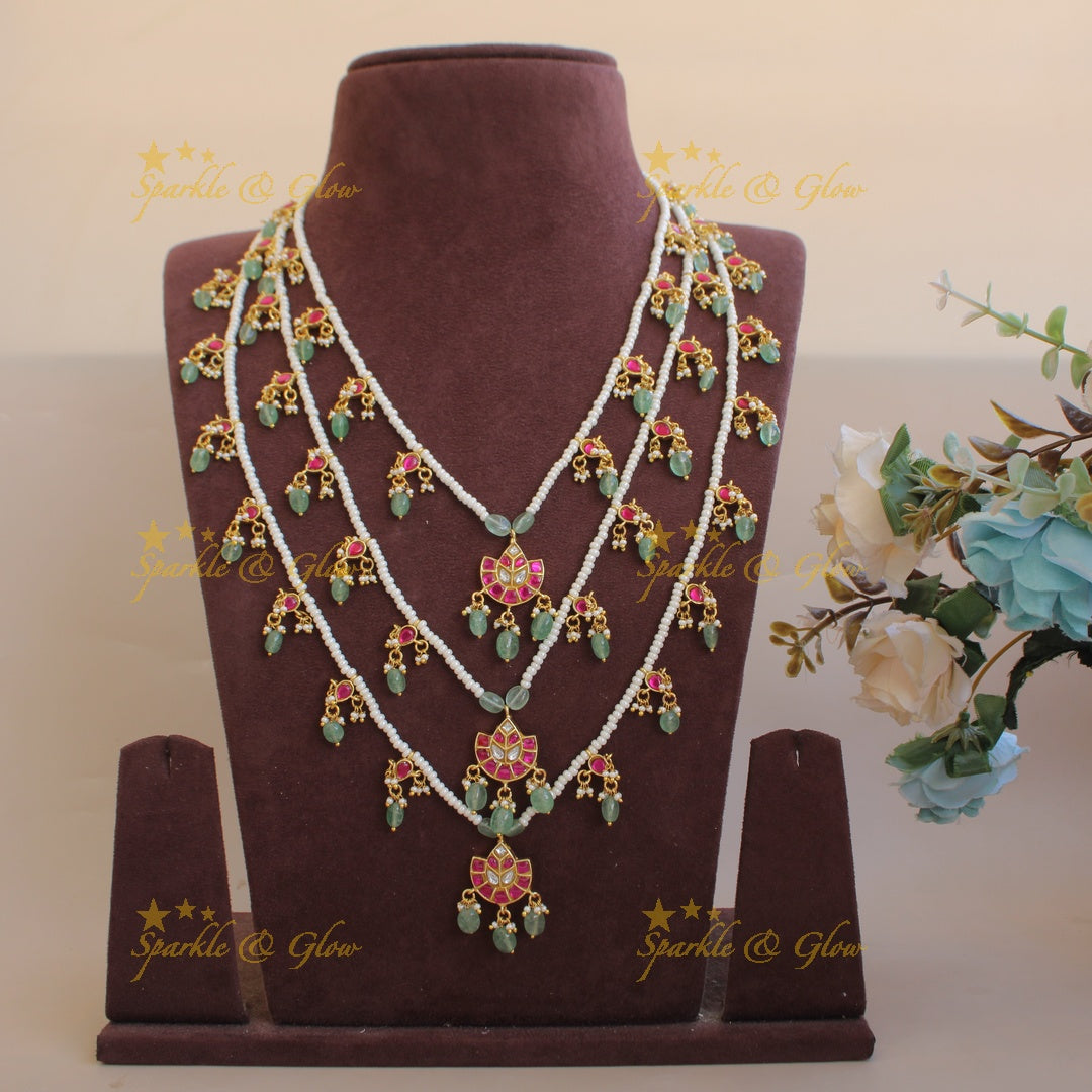 Stunning Half moon leaf design jadau Rani haram with multi layer pearl chain and mint green beads