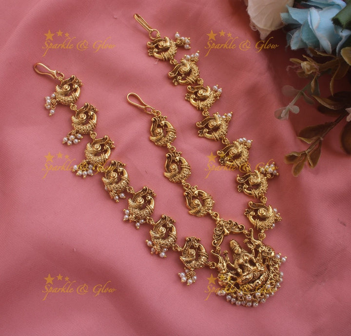 Idol Lakshmi Peacock Carved Bridal Maang Tikka with Pearl Beads