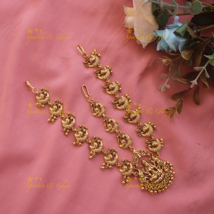 Idol Lakshmi Peacock Carved Bridal Maang Tikka with Pearl Beads
