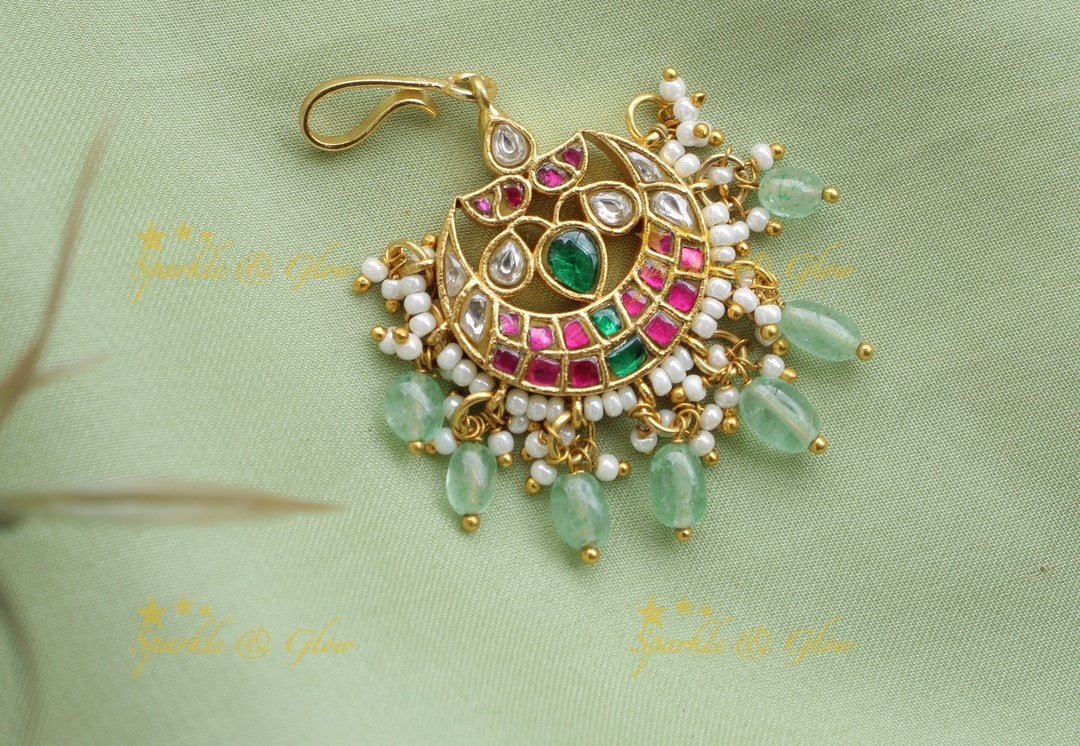 Jadau Moon Floral Pearl cluster Tikka with Mint green beads