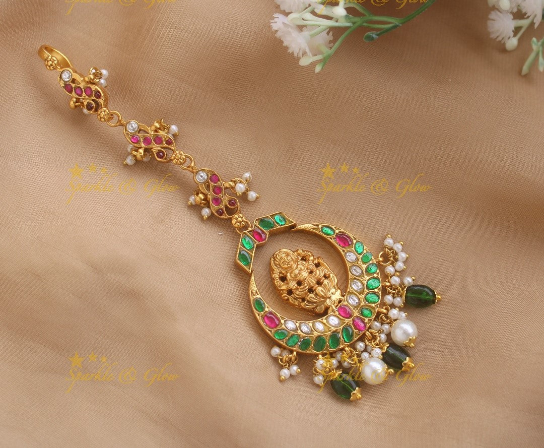 Idol Lakshmi Peacock Carved Jadau half moon Tikka