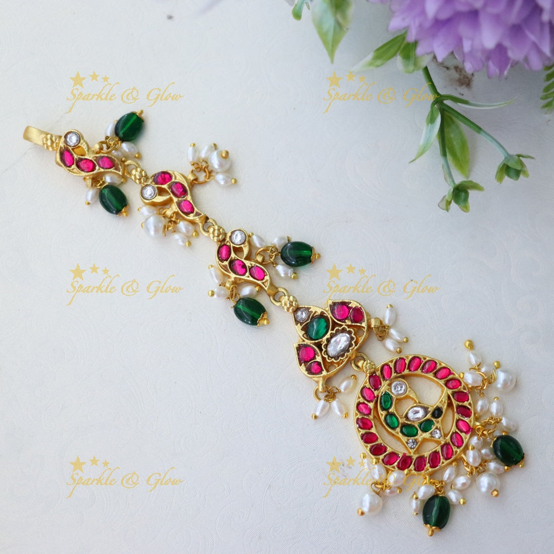 Jadau Ruby Peacock Design Guttapusalu Tikka Set