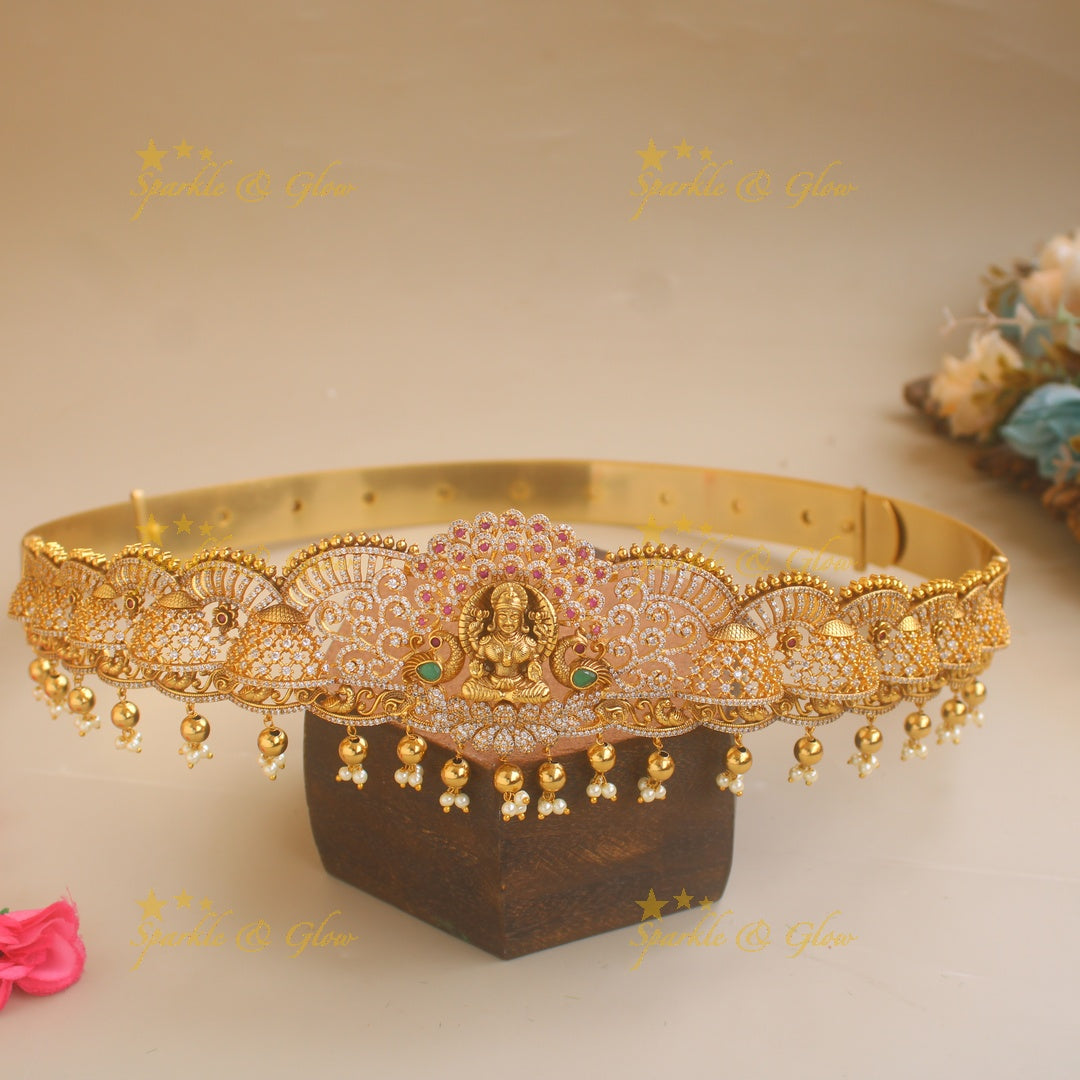 Statement Lakshmi peacock design hipbelt with CZ stones gold beads and perl drops