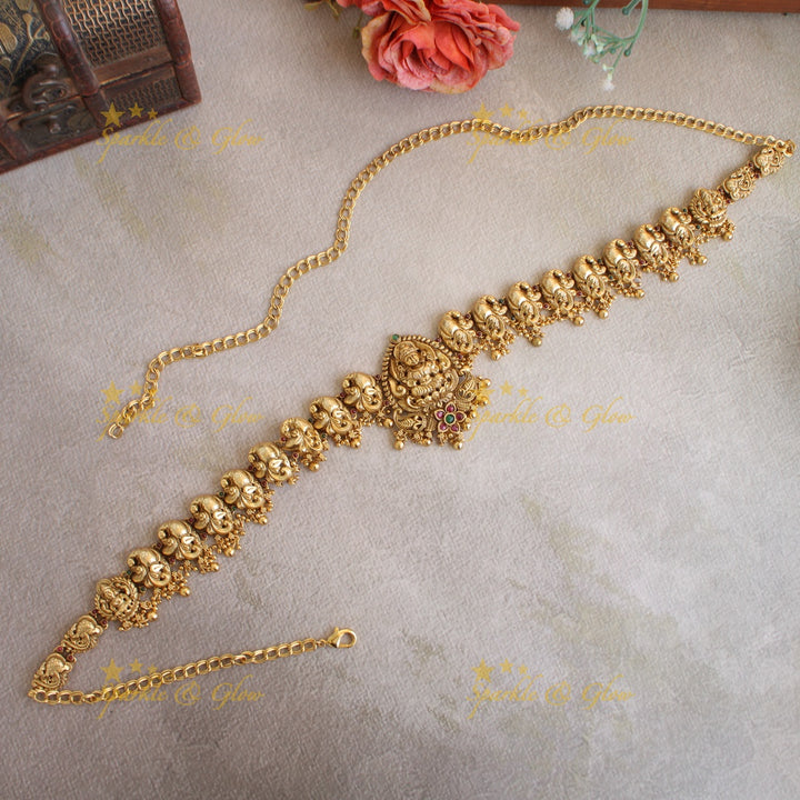 Elegant Lakshmi peacock carved hipchain with pearls and green beads