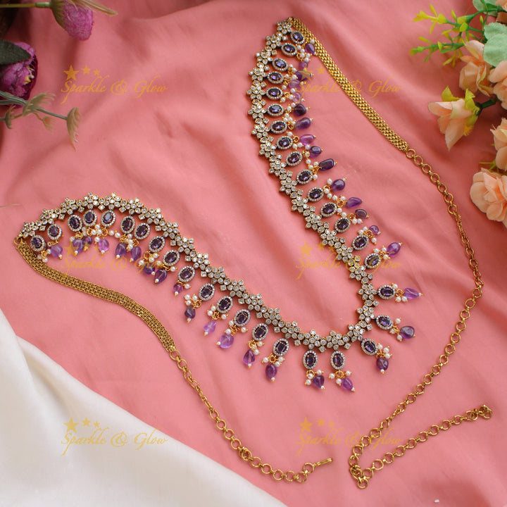 Statement Floral design victorian AD hipchain with pears stones and beads - baby pink