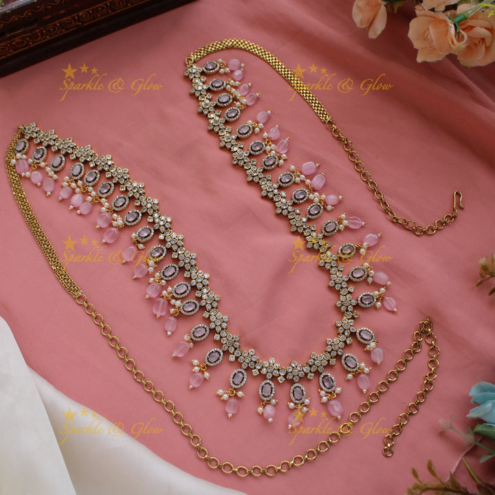 Statement Floral design victorian AD hipchain with pears stones and beads - baby pink