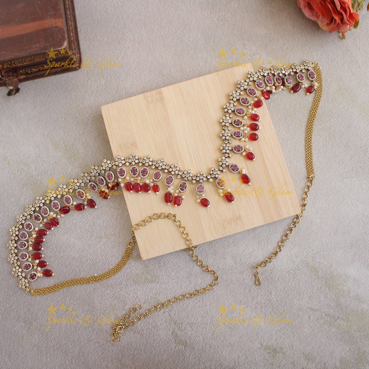 Statement Floral design victorian AD hipchain with pears stones and beads - baby pink