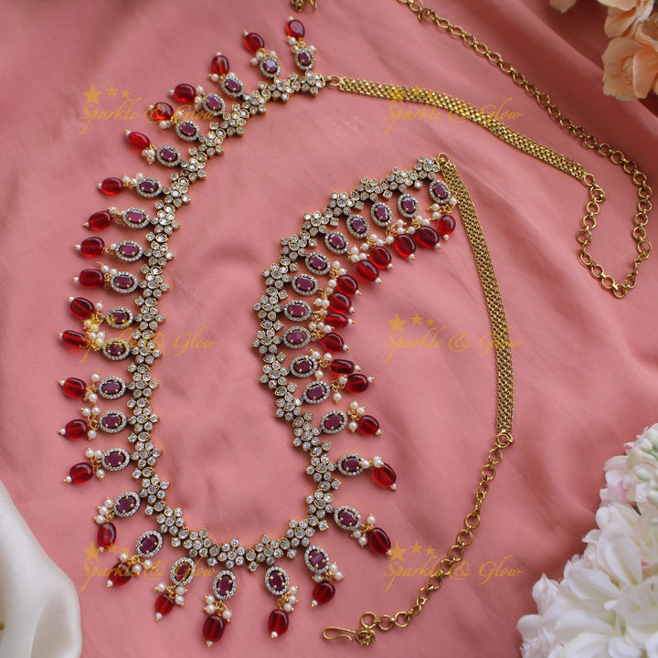 Statement Floral design victorian AD hipchain with pears stones and beads - maroon