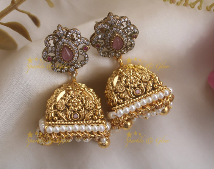 Beautiful Peacock Crown Studded Floral Jhumuka- Green