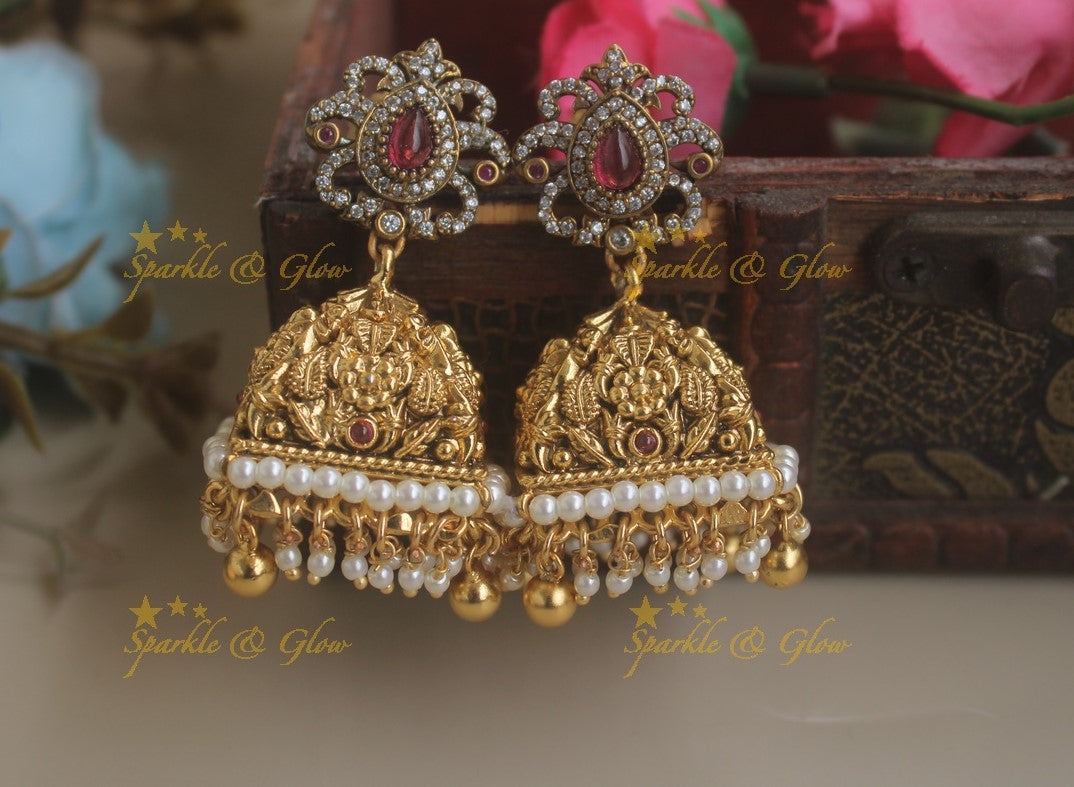 Beautiful Peacock Crown Studded Floral Jhumuka- Green