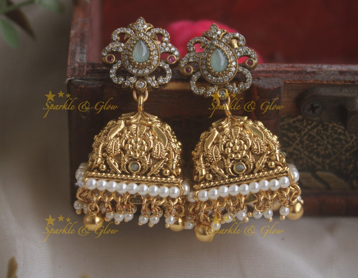 Beautiful Peacock Crown Studded Floral Jhumuka- Green