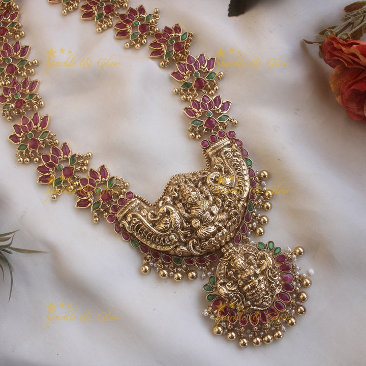 Beautiful Kemp Lotus Lakshmi Long necklace - Red Green