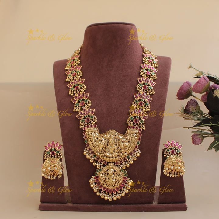 Beautiful Kemp Lotus Lakshmi Long necklace - Red Green