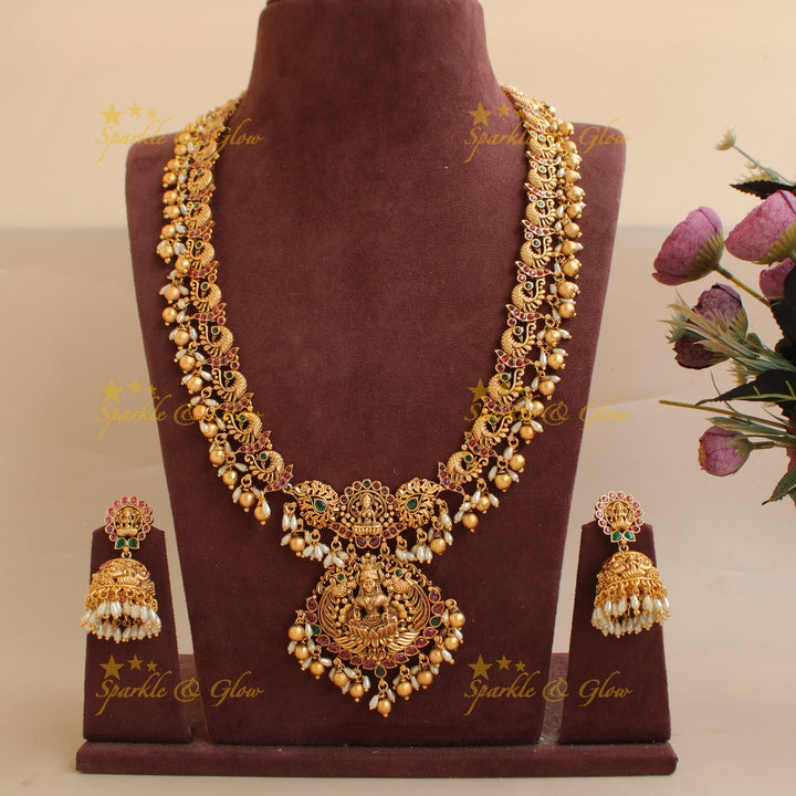Premium matte Lakshmi peacock carved long necklace with rice and gold beads