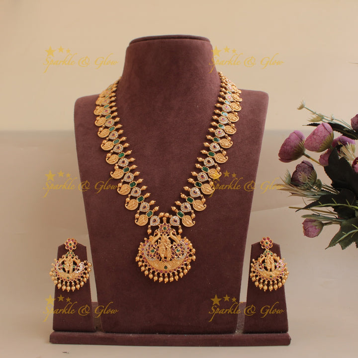 Premium matte Krishna playing flute long necklace with gold beads