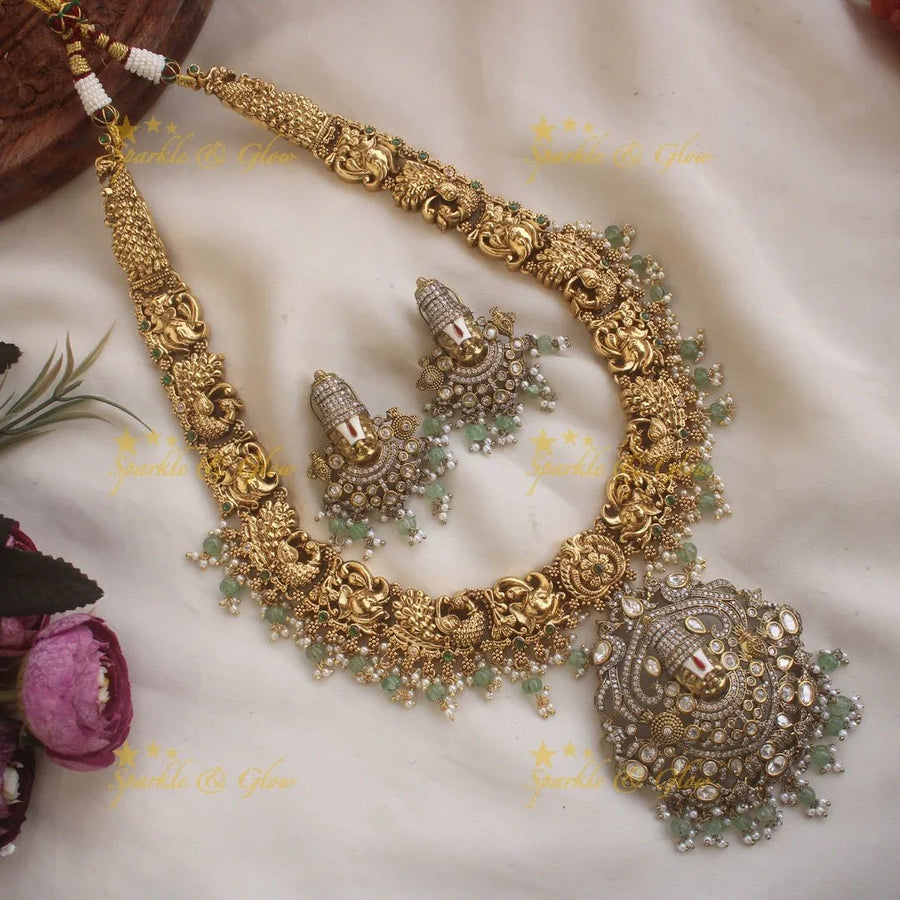 Exclusive Balaji and peacock carved dual tone Victorian AD long necklace with mint green beads - Sparkle and Glow