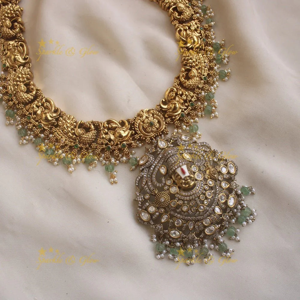 Exclusive Balaji and peacock carved dual tone Victorian AD long necklace with mint green beads - Sparkle and Glow