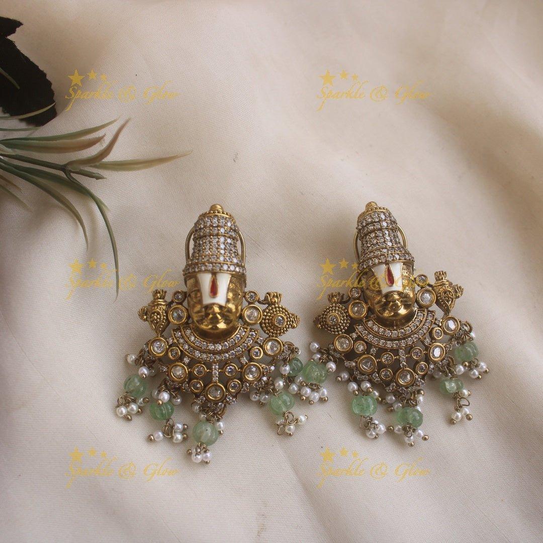 Exclusive Balaji and peacock carved dual tone Victorian AD long necklace with mint green beads - Sparkle and Glow