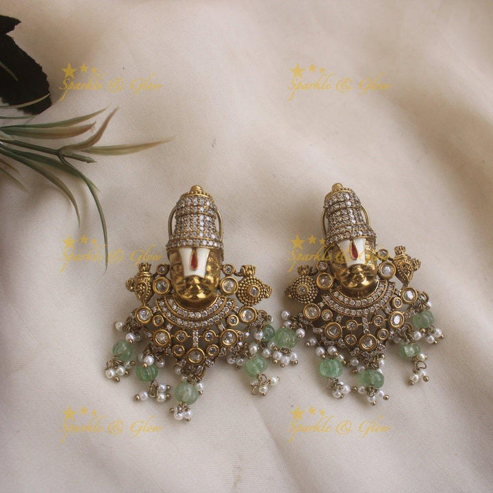 Exclusive Balaji and peacock carved dual tone Victorian AD long necklace with mint green beads - Sparkle and Glow