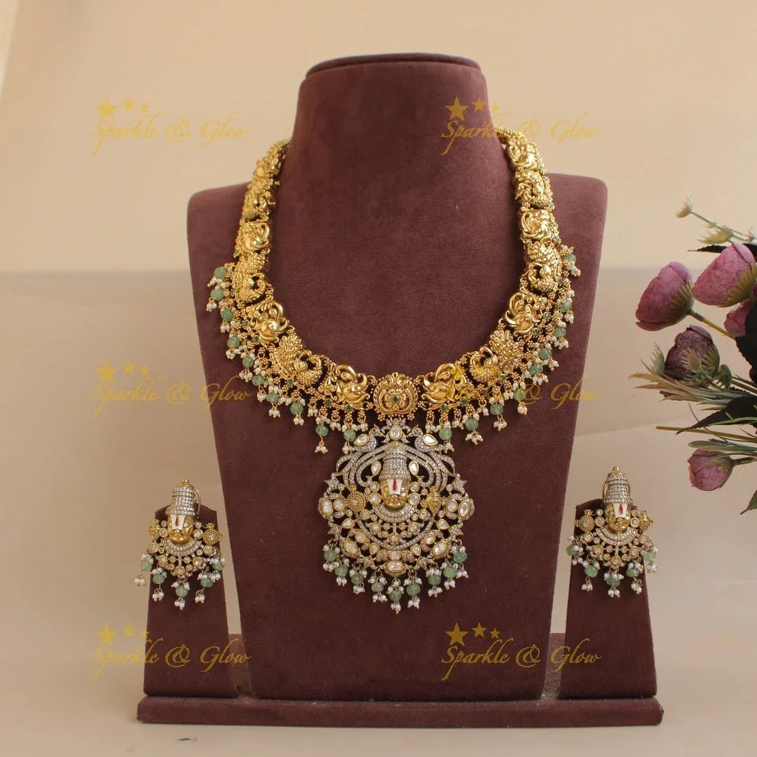 Exclusive Balaji and peacock carved dual tone Victorian AD long necklace with mint green beads - Sparkle and Glow