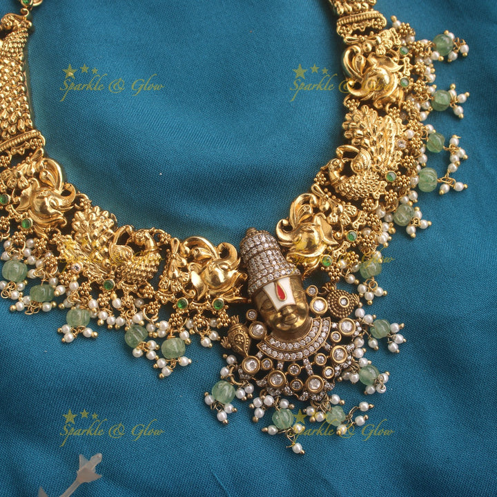 Grand Balaji and peacock carved dual tone Victorian AD short necklace with mint green beads