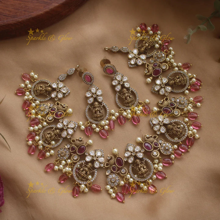 Beautiful Lakshmi floral design Victorian AD short necklace with pearls and lite pink beads - green - Sparkle and Glow