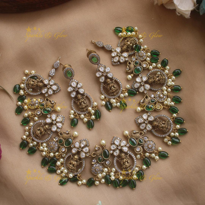 Beautiful Lakshmi floral design Victorian AD short necklace with pearls and lite pink beads - green - Sparkle and Glow